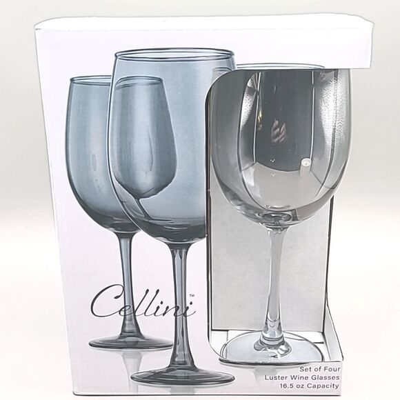 Cellini Luster Wine Glasses, Set of 4, Smokey Bluish Gray Color, 16.5 oz, NIB - Picture 1 of 4